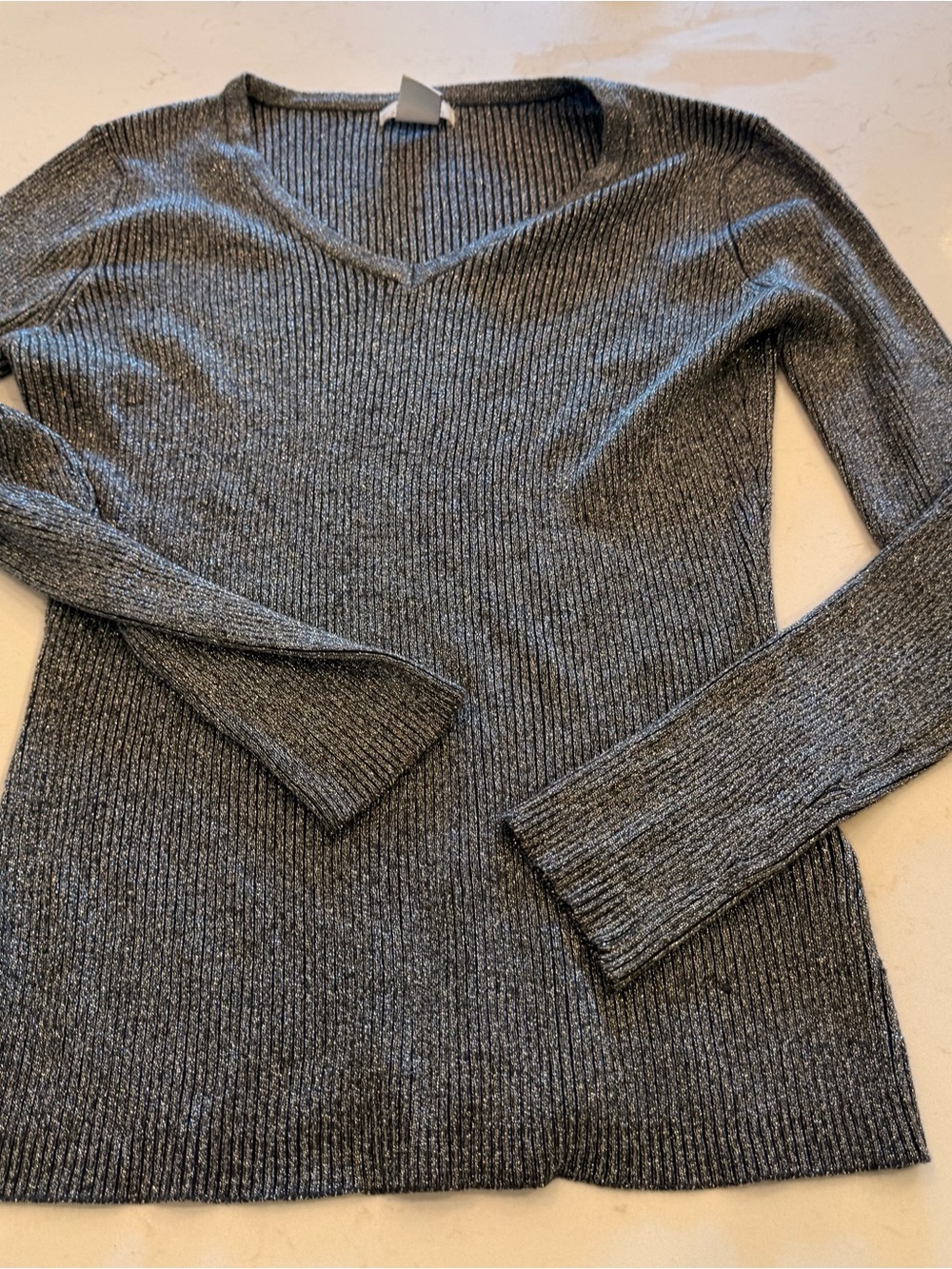 ALFRED SUNG Metalic Grey Ribbed V-Neck Sweater - Women